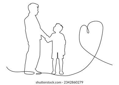 single line style illustration of a father holding hands with his son, father's day. Vector isolated on a white background.