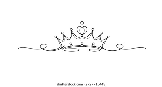 Single line style illustration of a king crown. Minimalist line art showing royal crown symbol, representing monarchy, power, leadership, and luxury concept.