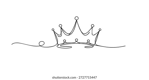 Single line style illustration of a king crown. Minimalist line art showing royal crown symbol, representing monarchy, power, leadership, and luxury concept.