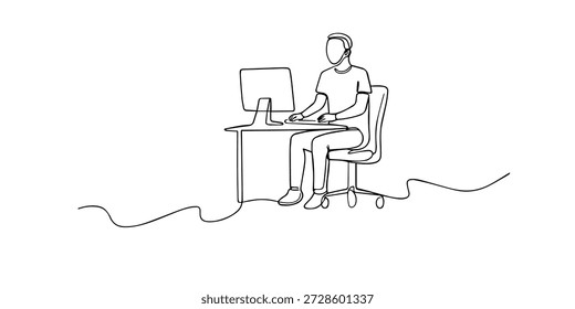 Ilustración de estilo de una sola línea de un hombre que trabaja en una computadora en un escritorio. Arte lineal minimalista que representa el trabajo de oficina, la productividad, la tecnología y la rutina diaria.