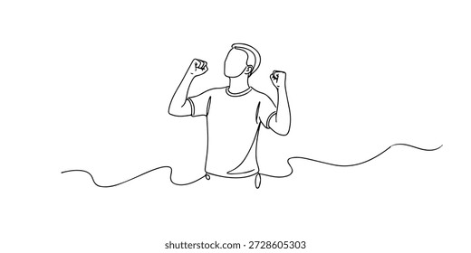 Ilustração em estilo de linha única de um homem celebrando o sucesso com punhos levantados. Arte minimalista representando vitória, confiança, motivação e emoção positiva.