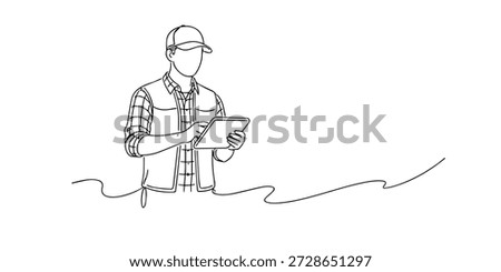 Single line style illustration of a man performing quality check using a tablet. Minimalist line art representing inspection, control, and work process.