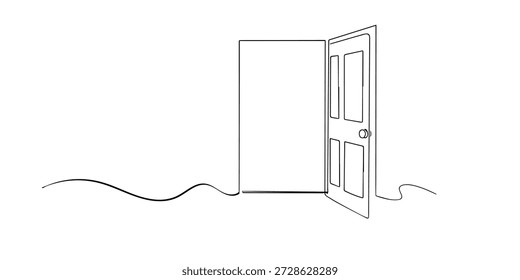 Einzeilige Darstellung einer offenen Tür. Minimalistische Linienkunst, die Chance, Neubeginn, Übergang und einfaches Innenraumkonzept darstellt.