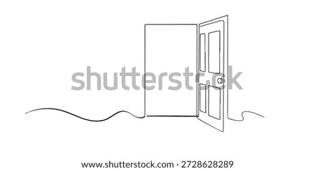 Single line style illustration of an open door. Minimalist line art representing opportunity, new beginning, transition, and simple interior concept.