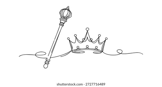 Single line style illustration of a royal crown and king scepter. Minimalist line art showing symbols of monarchy, power, leadership, and authority in elegant outline design.