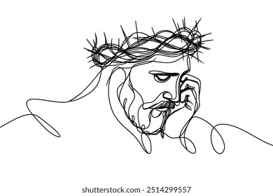 Single line style vector image on white background. Jesus in a wreath of thorns