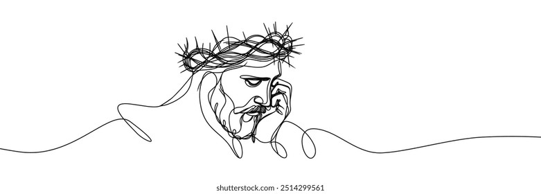 Single line style vector image on white background. Jesus in a wreath of thorns