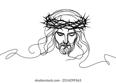 Single line style vector image on white background. Jesus in a wreath of thorns