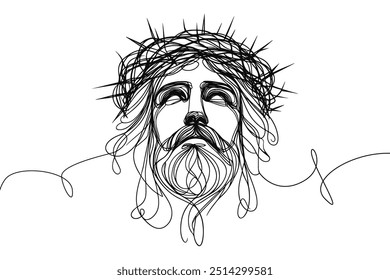 Single line style vector image on white background. Jesus in a wreath of thorns