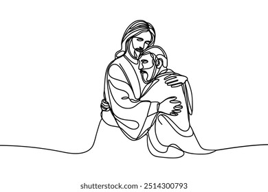 Imagen de Vector de estilo de línea única sobre fondo blanco. Jesús abraza a un pecador, al hombre en los brazos de Jesús