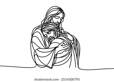 Imagen de Vector de estilo de línea única sobre fondo blanco. Jesús abraza a un pecador, al hombre en los brazos de Jesús