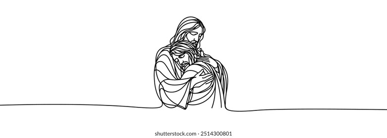 Imagen de Vector de estilo de línea única sobre fondo blanco. Jesús abraza a un pecador, al hombre en los brazos de Jesús