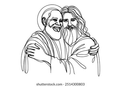 Imagen de Vector de estilo de línea única sobre fondo blanco. Jesús abraza a un pecador, al hombre en los brazos de Jesús