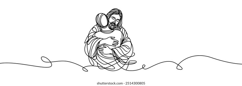 Imagen de Vector de estilo de línea única sobre fondo blanco. Jesús abraza a un pecador, al hombre en los brazos de Jesús