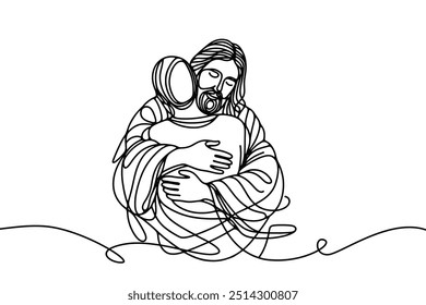 Imagen de Vector de estilo de línea única sobre fondo blanco. Jesús abraza a un pecador, al hombre en los brazos de Jesús