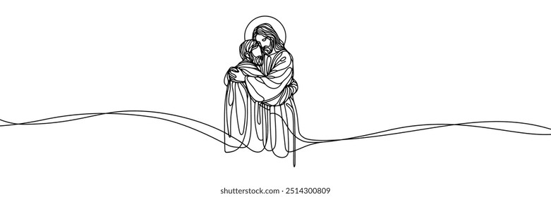 Imagen de Vector de estilo de línea única sobre fondo blanco. Jesús abraza a un pecador, al hombre en los brazos de Jesús