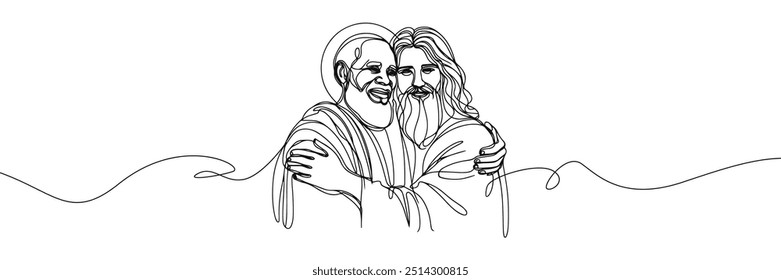 Imagen de Vector de estilo de línea única sobre fondo blanco. Jesús abraza a un pecador, al hombre en los brazos de Jesús