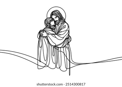 Imagen de Vector de estilo de línea única sobre fondo blanco. Jesús abraza a un pecador, al hombre en los brazos de Jesús