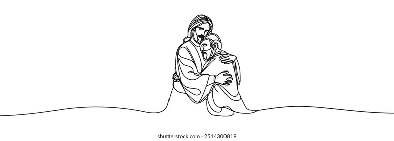 Imagen de Vector de estilo de línea única sobre fondo blanco. Jesús abraza a un pecador, al hombre en los brazos de Jesús