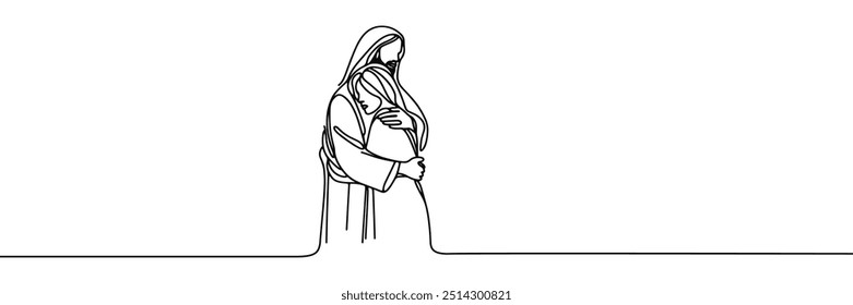 Imagen de Vector de estilo de línea única sobre fondo blanco. Jesús abraza a un pecador, al hombre en los brazos de Jesús