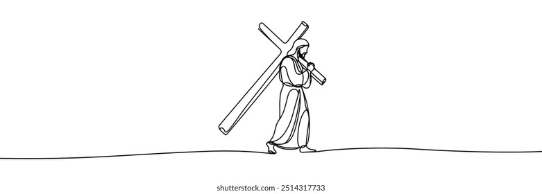 Single line style vector image on white background. jesus carrying the cross