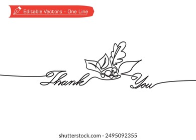 Single line of Thank You letters with autumn plant leaves decoration in glamorous style. Vector illustration of simple one line handwritten lettering Thank You isolated on vertical white background.