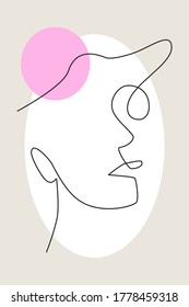 Ilustración de arte vectorial de una sola línea. Mujer con sombrero. Un simple trazo de lápiz de dibujo abstracto femenino.