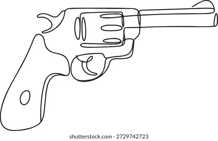Single line vector illustration of classic revolver pistol firearm. Minimalist weapon silhouette in continuous stroke drawing style. Modern hand drawn linear sketch of gun icon for security or defense concept on transparent background.