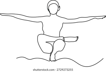 Uma ilustração vetorial de linha única de uma pessoa em uma posição de ioga balanceadora, representando a arte de linha interna da postura corporal equilibrada.eps

