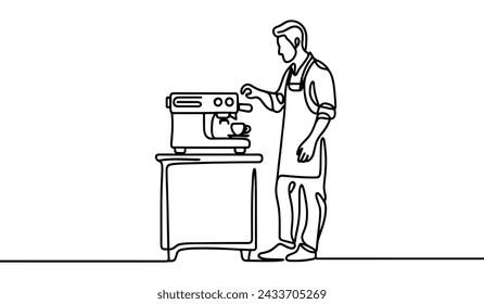 Imagen vectorial de una sola línea de un barista cerca de una máquina de café.