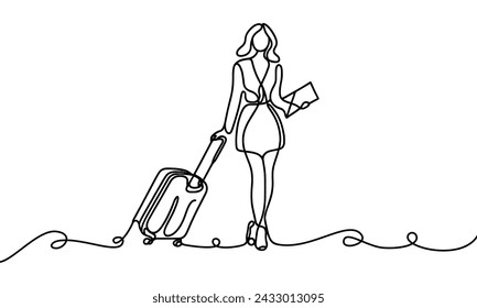 Single line vector image of a girl with a suitcase on wheels.