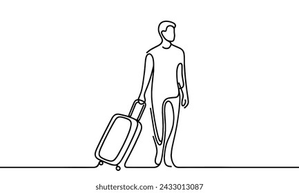 A single line vector image of a guy with a suitcase on wheels.