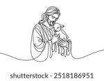 Single line vector image on white background. Portrait of Jesus with a lamb in his arms
