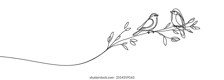 Single line vector image on white background. birds on branches 