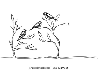 Imagem vetorial de linha única sobre fundo branco. pássaros em galhos 