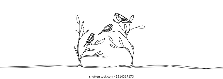 Imagen de Vector de una sola línea sobre fondo blanco. pájaros en ramas 