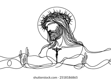 Imagem vetorial de linha única sobre fundo branco. Jesus em uma coroa de espinhos	