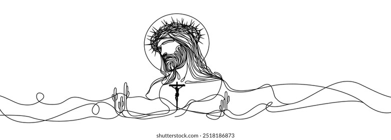 Imagem vetorial de linha única sobre fundo branco. Jesus em uma coroa de espinhos	