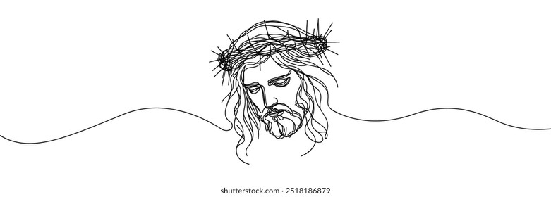 Imagem vetorial de linha única sobre fundo branco. Jesus em uma coroa de espinhos	