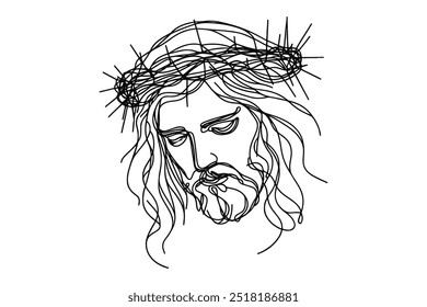 Single line vector image on white background. Jesus in a wreath of thorns	