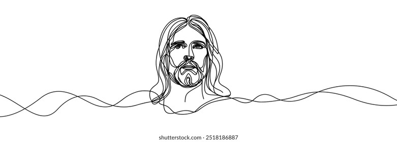 Single line vector image on white background. Portrait of Jesus with raised head