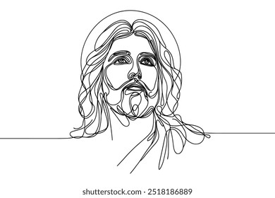 Single line vector image on white background. Portrait of Jesus with raised head