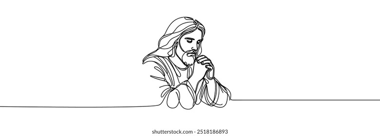 Imagen de Vector de una sola línea sobre fondo blanco. Retrato de Jesús orando
