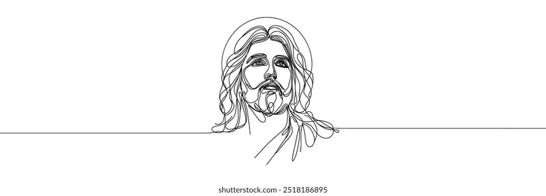 Single line vector image on white background. Portrait of Jesus with raised head