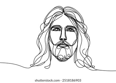 Single line vector image on white background. Portrait of Jesus with raised head