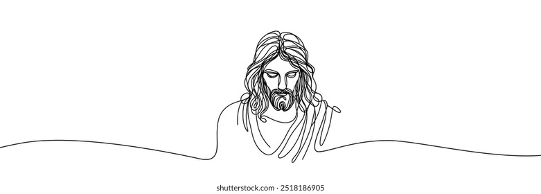 Single line vector image on white background. Portrait of Jesus with raised head