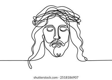 Imagem vetorial de linha única sobre fundo branco. Jesus em uma coroa de espinhos	