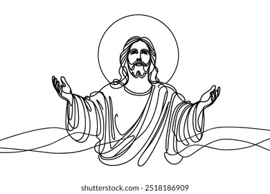 Single line vector image on white background. Portrait of Jesus with outstretched hands