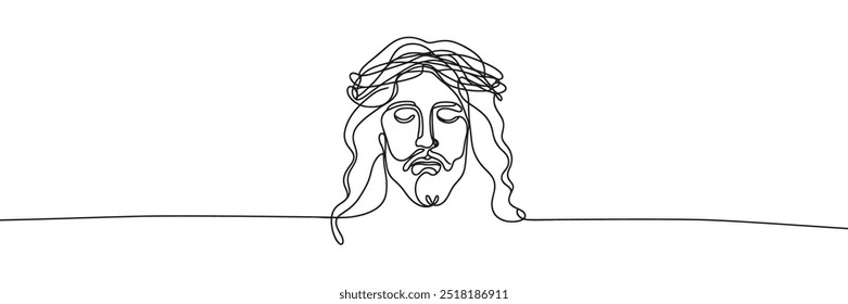 Imagem vetorial de linha única sobre fundo branco. Jesus em uma coroa de espinhos	