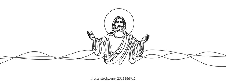 Single line vector image on white background. Portrait of Jesus with outstretched hands